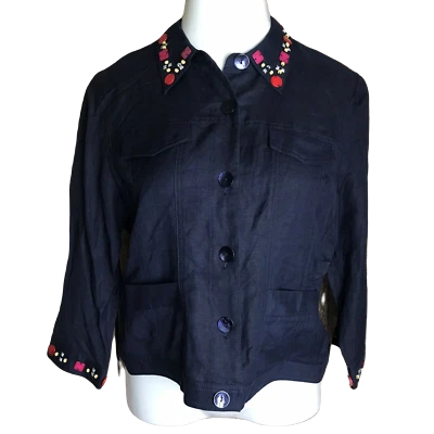 Ruby Rd. Button up Collared Linen Blazer ~ Sz 10 ~ Blue  ~ 3/4 Sleeves - Image 1 of 4