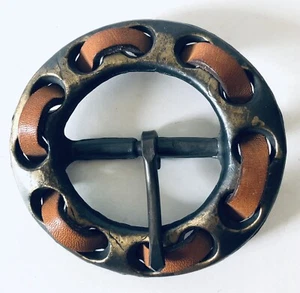 Vintage Leder Gürtel Brutalist Messing Schnalle Hippie 60er-70er Boho Mod - Bild 1 von 4