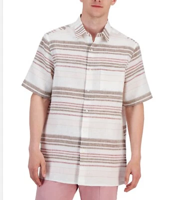 Club Room Mens Elevated Central Stripe Linen Button Down Shirt Khaki Combo L - Image 1 of 4