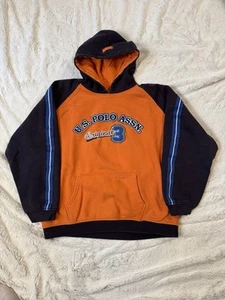 Vintage US Polo ASSN Boys Large 14-16 Orange Navy Long Sleeve Patch Hoodie Rare - Picture 1 of 7