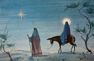 Vintage White Christmas Card Holy Family Traveling Mary On Donkey Silver Star - Picture 1 of 5