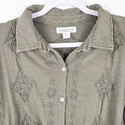 Camisa Coldwater Creek Bordada Botón Verde Mujer L Manga Larga Algodón Boho Foto 1 de 4