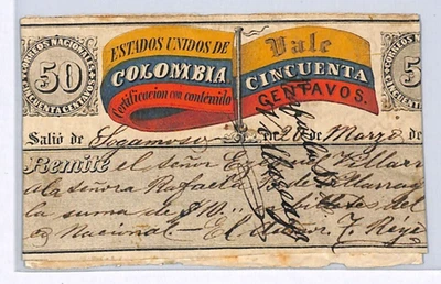 COLOMBIA Cubierta TARDE USO *BANDERA* 50c CUBIERTA Usada Sagamaso 1886 Bogotá WX18 Foto 1 de 4