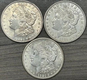 Three 1921 Morgan Dollars - One Each Philadelphia, Denver, San Francisco Mints - Picture 1 of 5