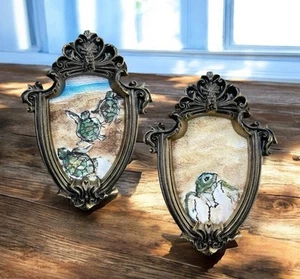 Set of 2 Sea Turtles watercolor prints in mini vintage style ornate frames - Picture 1 of 6