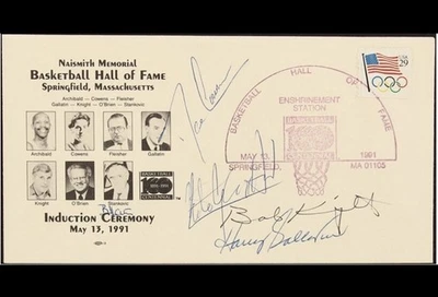 Sobre firmado por el Salón de la Fama del Baloncesto 1991 Bobby Knight ~ Nate Archibald ~ 5 sellos Foto 1 de 2