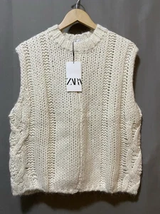 NUEVO CON ETIQUETAS ZARA Mujeres Mezcla de Lana de Alpaca Grueso Cable Acanalado Tejido Suéter Chaleco Talla M Crema - Imagen 1 de 15