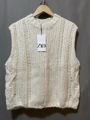 NWT ZARA Women Alpaca Wool Blend Chunky Cable Rib Knit Sweater Vest Size M Cream - Image 1 of 4