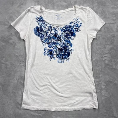 Camiseta para mujer Van Heusen talla grande blanca azul floral manga corta algodón Foto 1 de 4