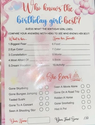 50 Who Knows The Birthday Girl Mejor Juego de Cartas Foto 1 de 4