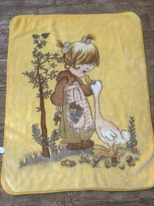 Vintage Precious Moments Blanket 42x52 Girl with Goose Yellow Plush Soft Cozy - Picture 1 of 7
