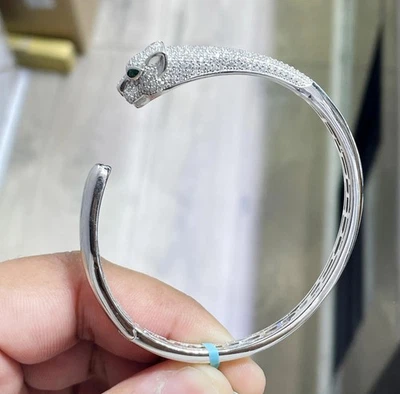 4 Ct D White Round Cut Moissanite Diamond Panther Bangle Bracelet Silver  7 Inch - Image 1 of 4