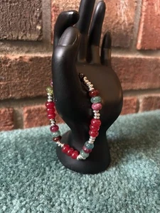 6.75” Stretch Bracelet Mixed Gemstones Rondelle Multicolored Green Red Silver - Picture 1 of 2
