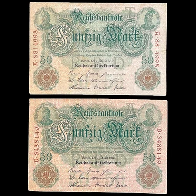 2x 1910 Germany 50 Mark Banknote Great War Kaiser Paper Money Reich Old Antique - Image 1 of 4