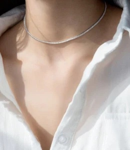 20" 4mm Round Cut Lab-Created Men's Womens Tennis Necklace 14K White Gold Over - Picture 1 of 4