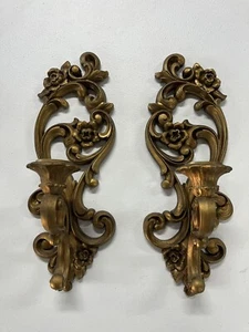 Vtg Pair Of 1971 HOMCO #4118 Gold Wall Sconces Candle Holders Hollywood Regency - Picture 1 of 10