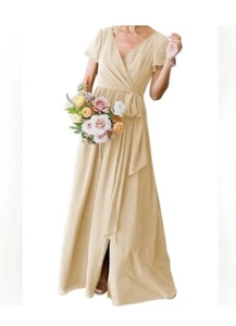 Women's Short Sleeve Bridesmaid Dress with Slit - Picture 1 of 6