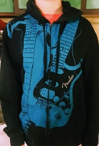 Fender Full Zip Men's Medium Blue Black Rock n Roll Guitars Hoodie - Picture 1 of 5
