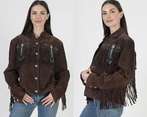 Scully Leather Womens Fringe Jacket Beaded Western Conchos Brown Suede Coat XXL - Picture 1 of 9