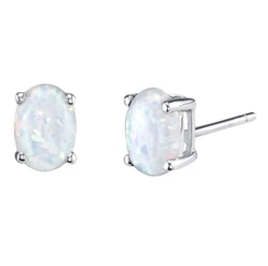 2.00 Carat Real Opal Oval Shape Stud Earrings 14K White Gold 7mm Push Back - Picture 1 of 6