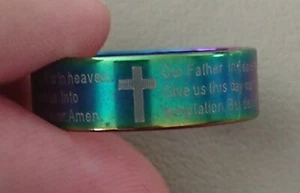 MENS VINTAGE RETRO RAINBOW ENAMEL CROSS LORDS PRAYER WEDDING BAND RING - Picture 1 of 3