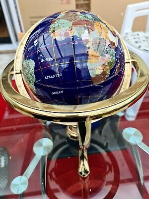 Gemstone World Globe Blue Lapis On Gold Tone Metal Mount Axis & Compass - USED • 75£