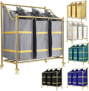 3-Sections Laundry Sorter Rolling Cart Modern Golden Hamper XL Bags Wheels - Picture 1 of 12