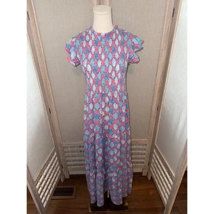Simply Southern Smocked Maxi Dress Pink Blue Shell Print Size Small - Picture 1 of 9