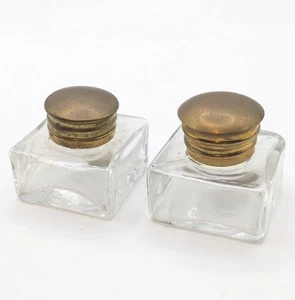 Vintage Pair Square Clear Thick Cut Glass Inkwells Bottles Decorative Brass Lid - Picture 1 of 4