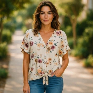 Cream Ruffle Sleeve Blouse Women’s Size 1X Floral Top Cottagecore Boho Festival - Picture 1 of 6