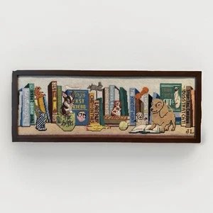 Needlework Dogs Puppies Toys & Books w/funny Titles 18.5x7” Custom Frame - Picture 1 of 10