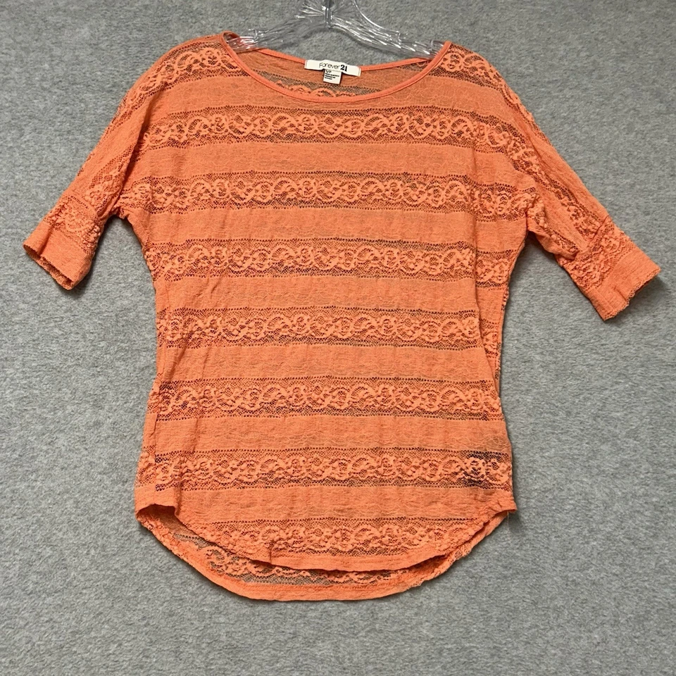 Top transparente de encaje FOREVER 21 talla S/P Y2K coral naranja para mujer junior manga corta Foto 1 de 4