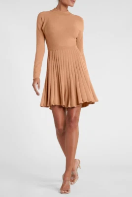 Express sweater dress mock neck, skater, open back, camel color, pleated- XSmall - Image 1 of 4