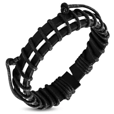Pulsera ajustable trenzada envolvente de cuero negro blanco para hombre, 10" Foto 1 de 2