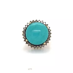 Pretty! 14mm Turquoise & Top Light Brown Diamond Halo Ring - 14k Yellow Gold - Picture 1 of 6