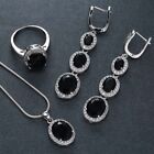 Fashion Women Silver Plated Black Onyx Ring Earrings Necklace Wedding JewelrySet