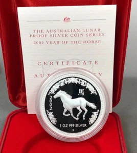 2002 Mondjahr des Pferdes Perth postfrisch 1 OZ Silbermünze mit Box & Coa - Bild 1 von 7
