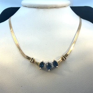 16" 14K Yellow Gold Herringbone Necklace Diamond & Sapphire Stationa (WCP031804) - Picture 1 of 6