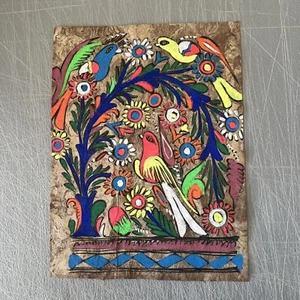 Mexican Folk Art Painting Floral Birds 9” X 12”Bright Amate Tree Bark  Beautiful - Picture 1 of 9