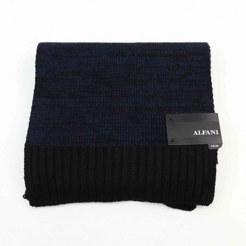 Alfani Mens Accessories Blue Black One Size Spacedye Rib Trim Knit Scarf 191