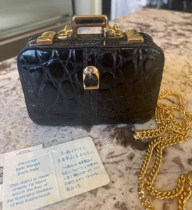 NEW Vtg MALECI Mini Black Leather Briefcase Style Purse - Picture 1 of 5