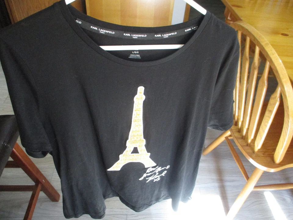 Karl Lagerfeld Paris Womens Eiffel Tower T-Shirt,Gold embroidered Tower,Sz Large - Image 1 of 4