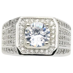 White Gold Plated Men Ring 8mm Clear Cubic Zirconia Heavy Band Size 6 to 13 - Picture 1 of 6