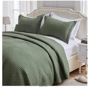 Reversible Microfiber Bedspread Set Sage Olive Queen 60"x80" - Picture 1 of 2