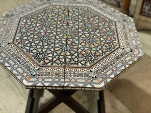 Handmade Wooden End Table Carving Wood Table Home Decor Mother of Pearl Inlay - Picture 1 of 5