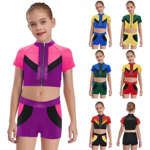 Kids Girls Shiny Color Block Sports Suit Crop Tops and Shorts Dance Gymnastics - Picture 1 of 39