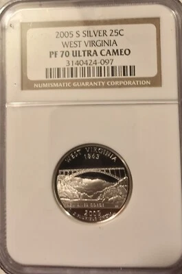 2005-S 25c Silver Proof West Virginia WV State Quarter NGC PF 70 Ultra Cameo - Image 1 of 3