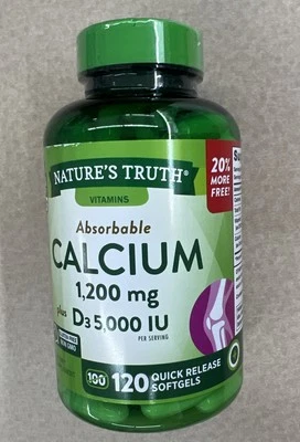 Nature’s Truth Calcio Absorbible 1200mg más D-3 5000 UI -120 Cápsulas Blandas No GM) Foto 1 de 4