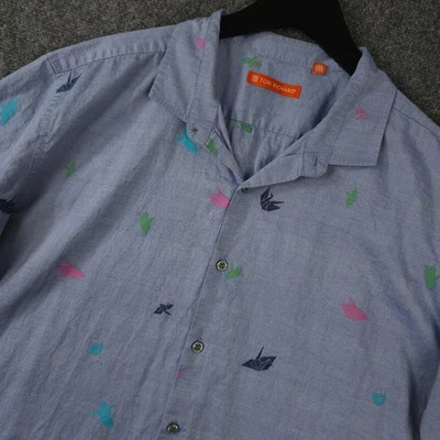 Tori Richard Shirt Men XL Blue Origami Crane Embroidered Short Sleeve Button Up - Immagine 1 di 4