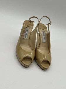 Jimmy Choo Tan Patent Leather Peep Toe Women’s 39 US 8.5 Sling Back Plat Shoes - Picture 1 of 12